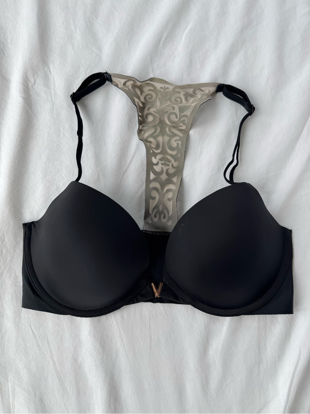 Victoria’s Secret Black Padded Racerback Bra Nude Scroll Mesh Front Closure